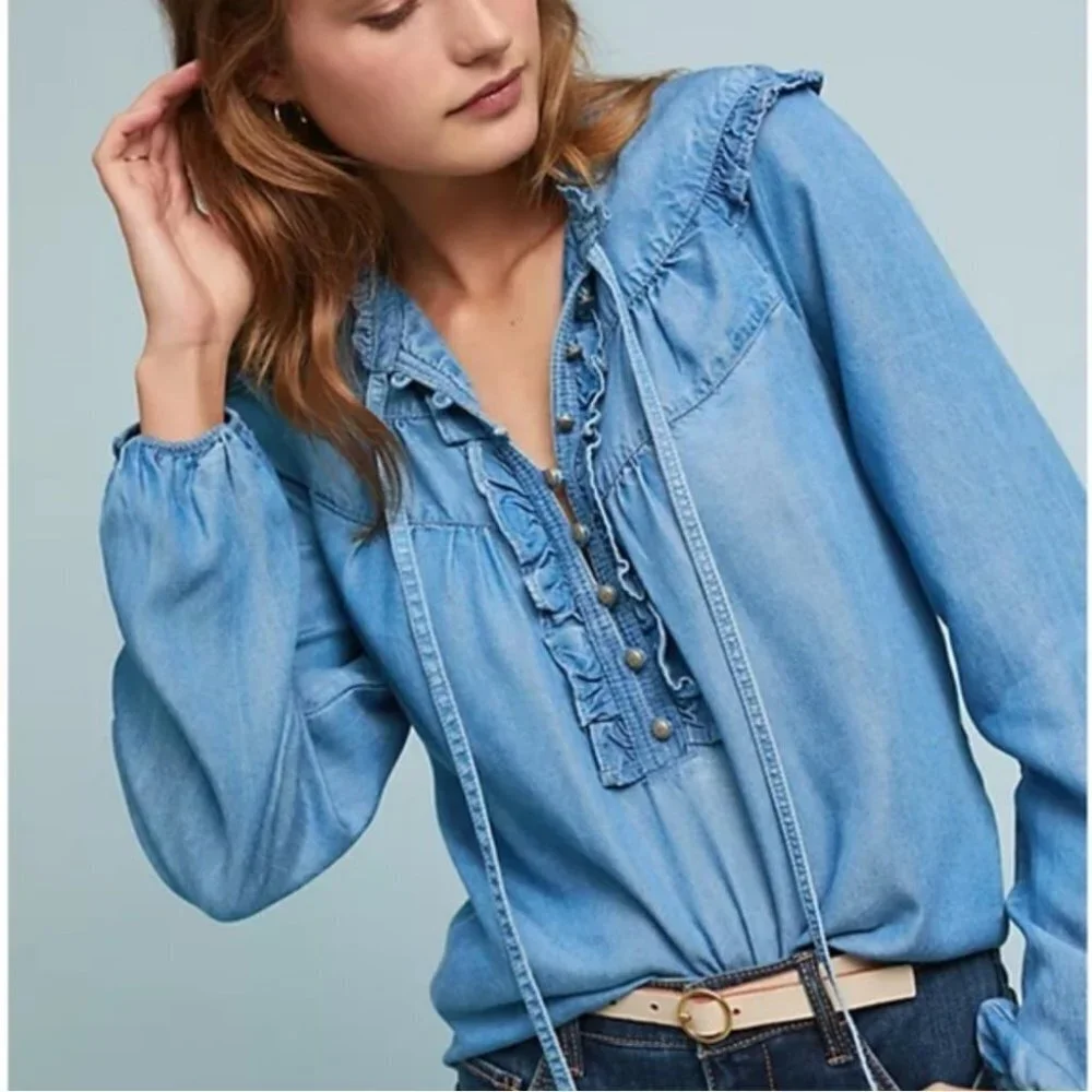Anthropologie Maeve Chambray Ruffle Long Sleeve Top - Picture 2 of 15